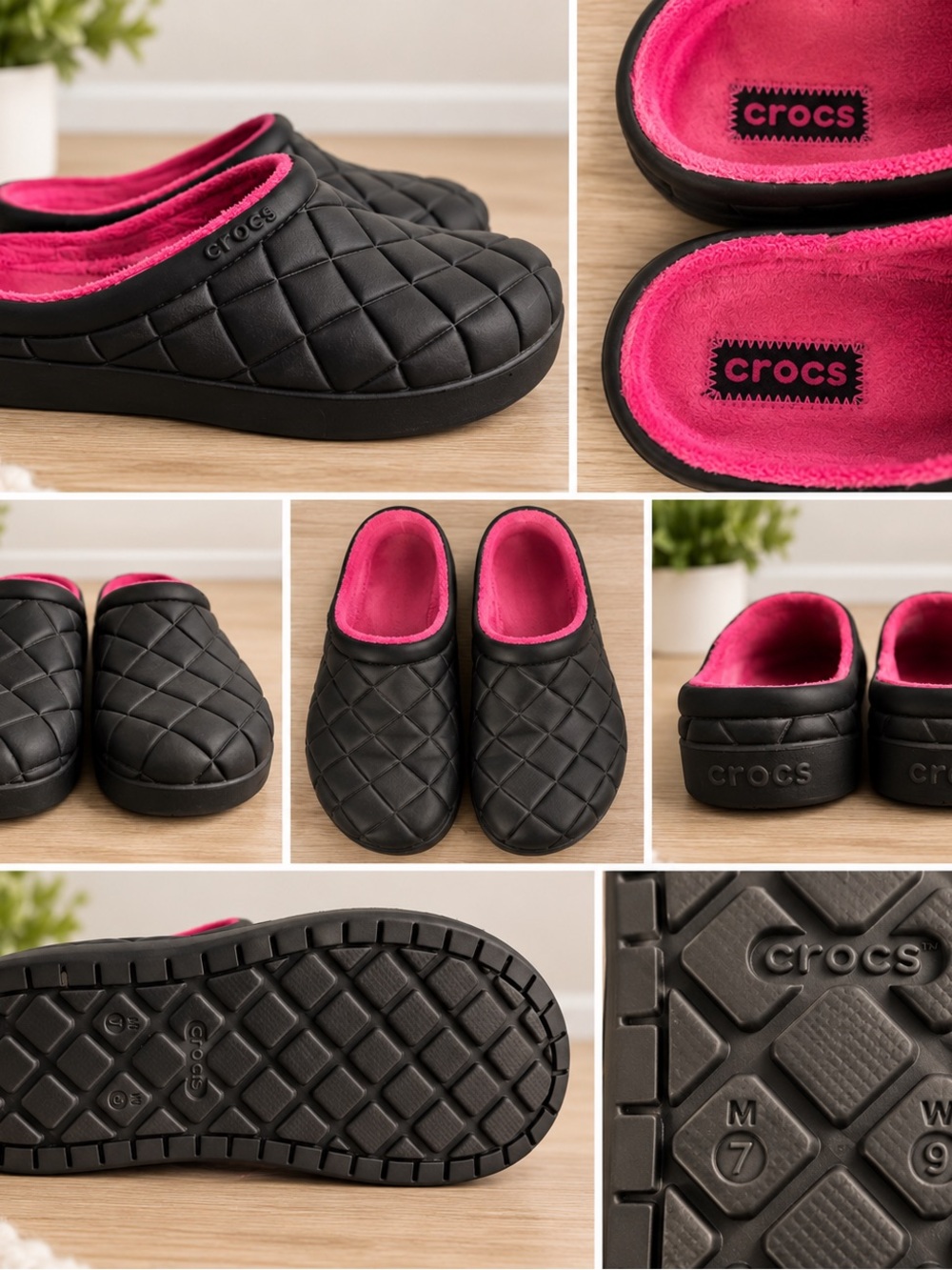 CROCS Women's Black Quilted Slip-On Clog with Pink Lining
